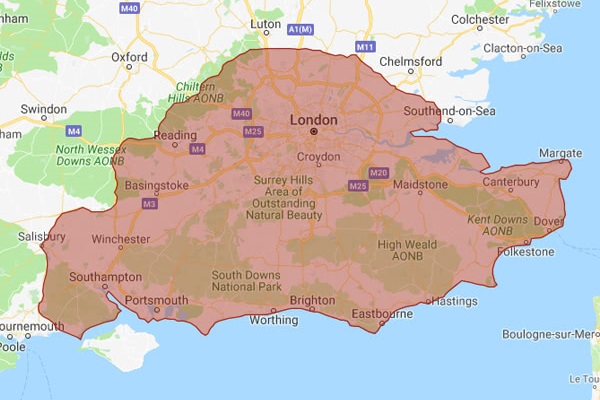 South East of England map showing areas covered